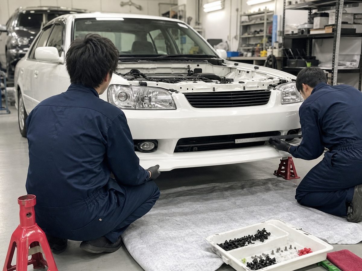 フロントスポイラーの位置を2人がかりで合わせている作業