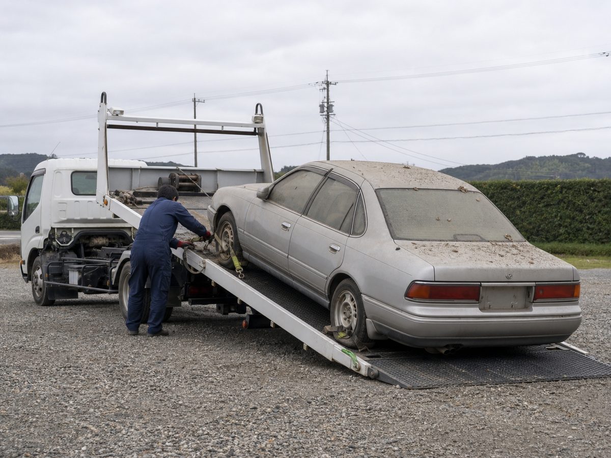 積載車で動かない車を引き上げているようす