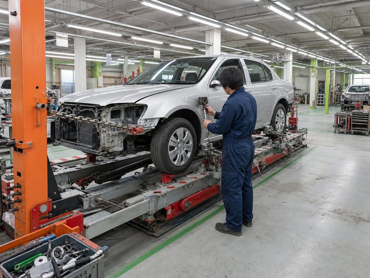フレーム修整機に車体を固定して骨格を矯正している作業のようす