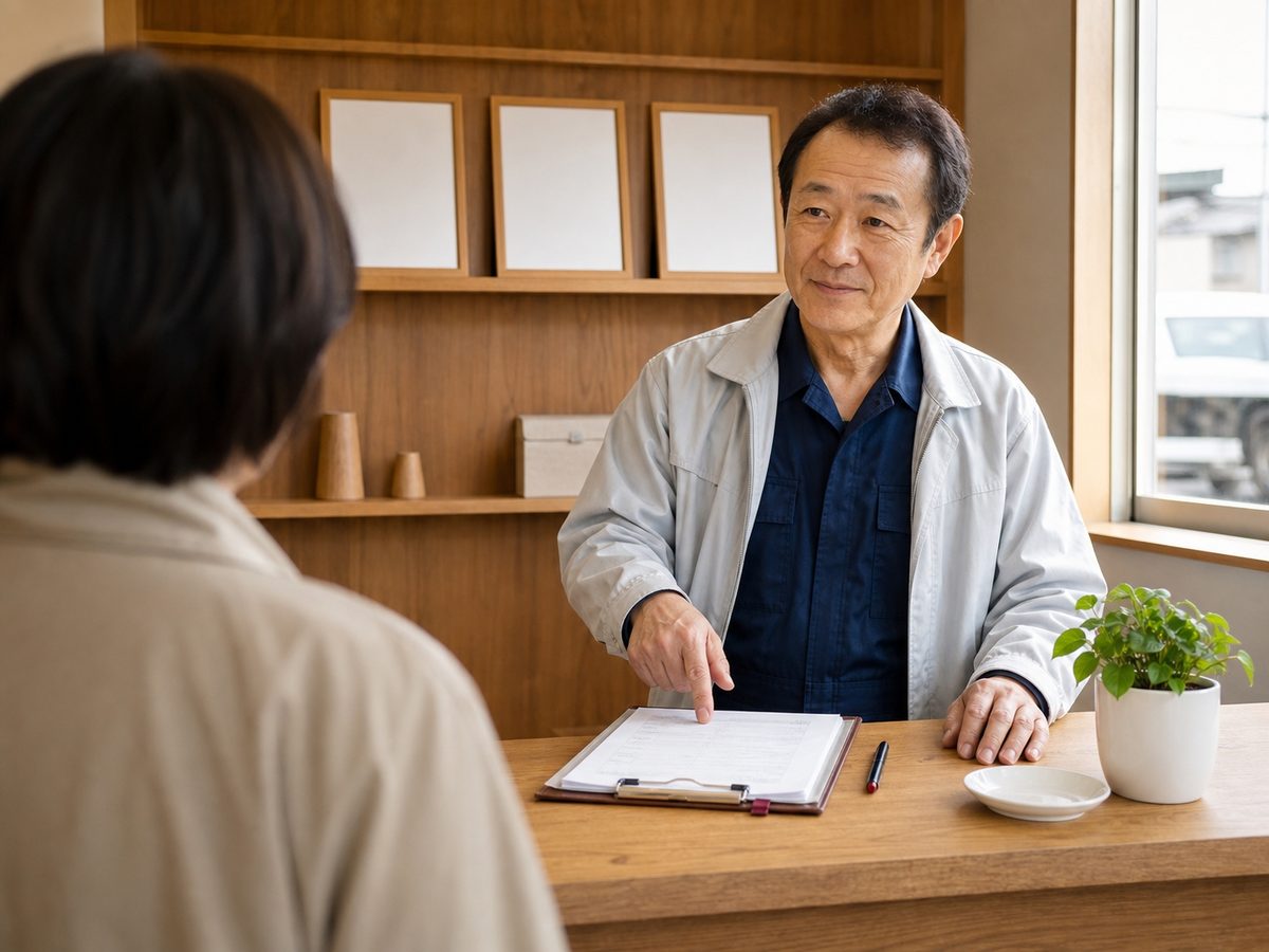受付カウンターで書類を示しながら説明している担当者
