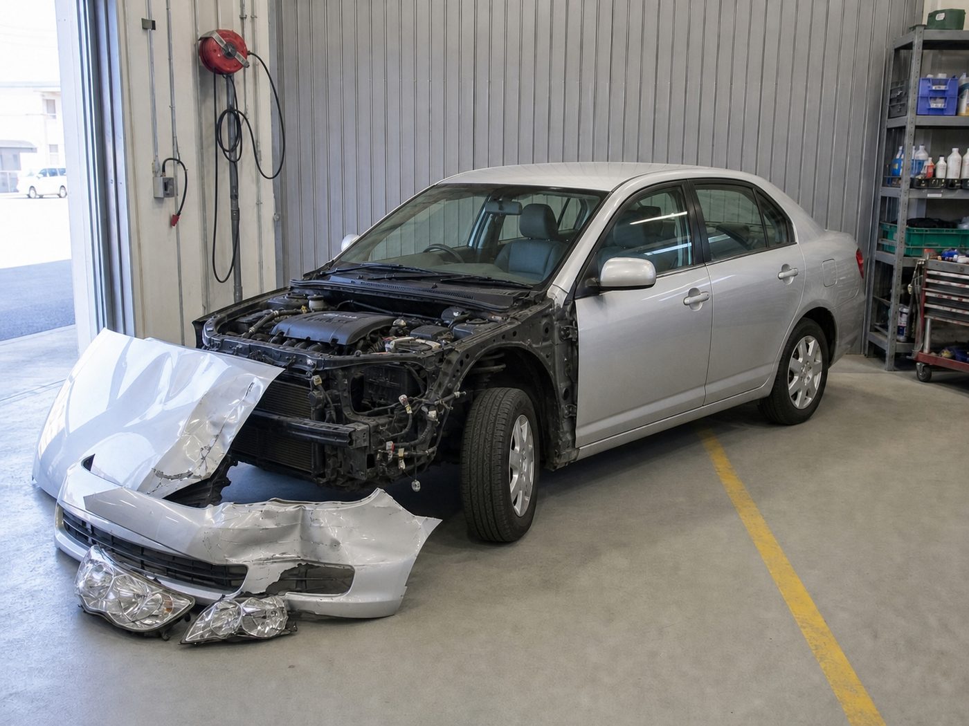 部品を外し、内部のフレームが見えている状態の車