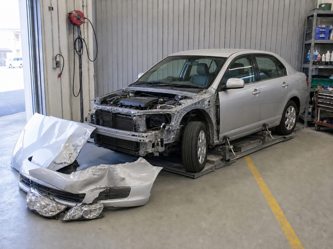 フレーム修整機にかけ、骨格を溶接し終えた状態の車